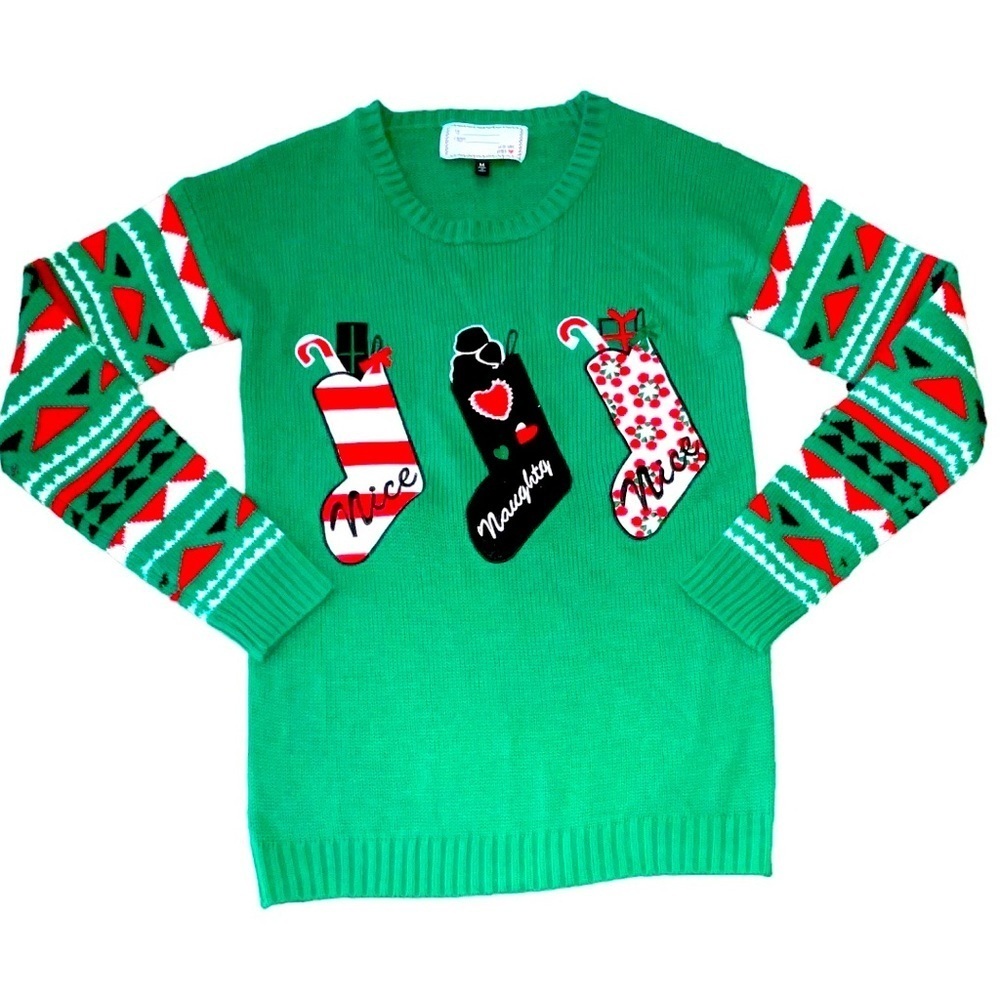 With Love, Derek Size M Naughty & Nice Appliquéd Sockings on Green Sweater